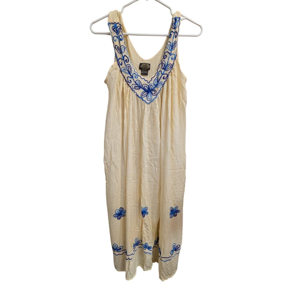 Cream one size sleeveless mumu style dress w/blue floral embroidery by Pagoda